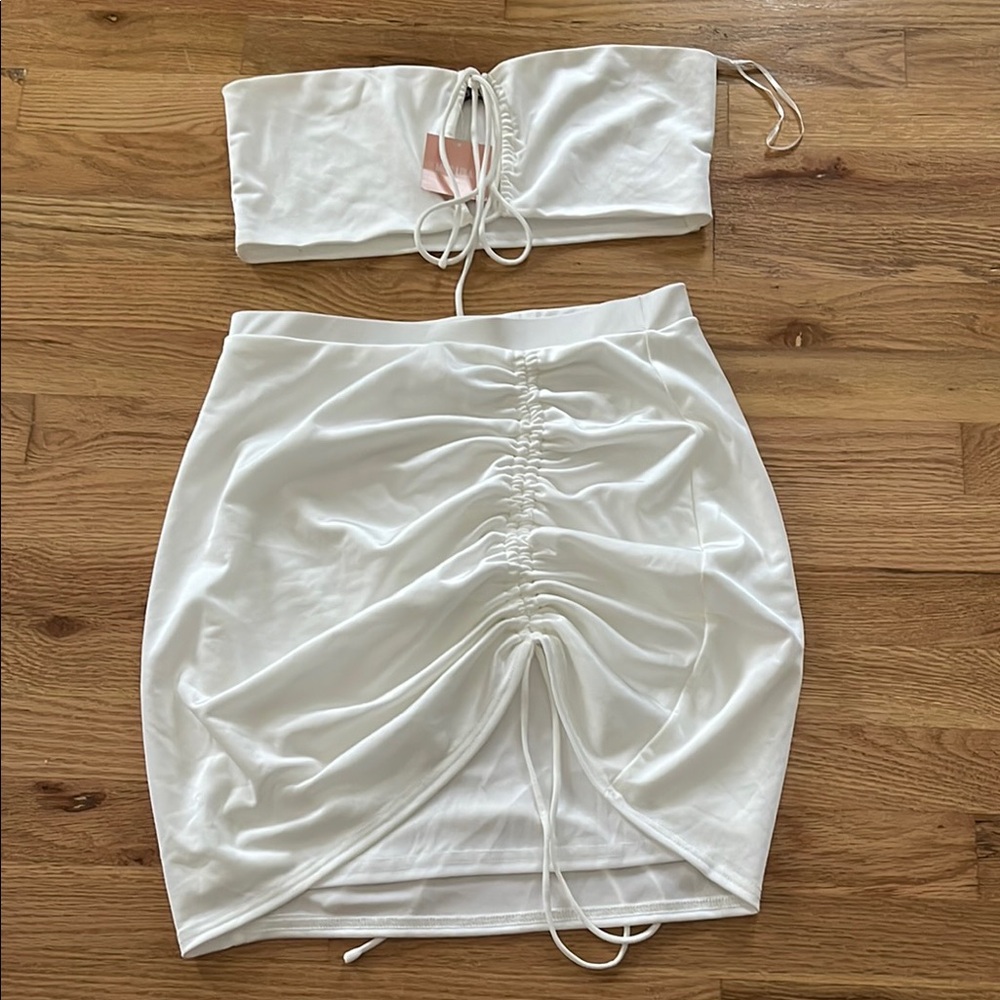 Miss Lola White Ruched Mini Skirt Set